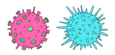 El yapımı virüs bakterisi, beyaz arka planda izole edilmiş. Çizgi film stili Corona virüsü covid-19 tasarım için karalama.