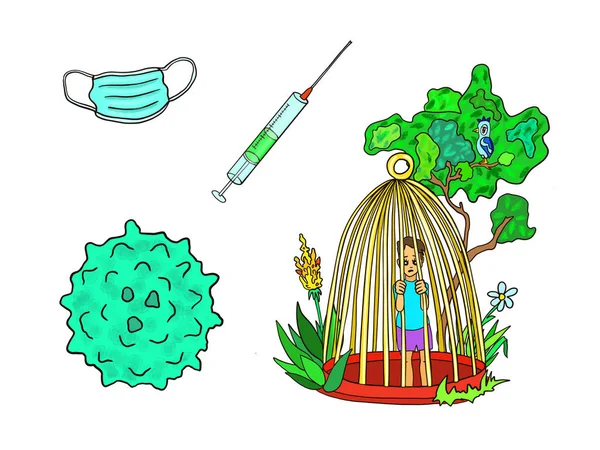 Set Carantină Conceptuală Creativă Mască Bacterii Covide Simbolul Vaccinării Singur — Fotografie, imagine de stoc