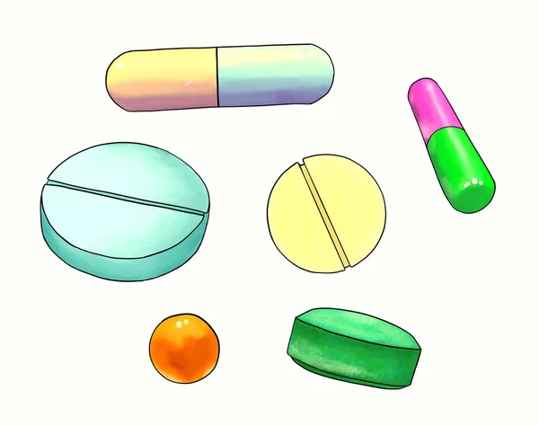 Set Bright Colorful Pills Heap Vitamins Hand Drawn White Background — Stock Photo, Image