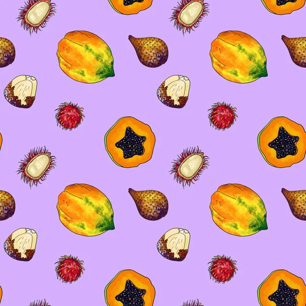 Cartoon style tropical fruits on violet background in a seamless pattern for design