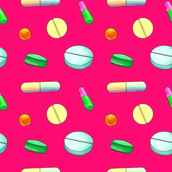 Luminoso Modello Senza Cuciture Rosa Con Pillole Compresse Disegnato Mano — Foto Stock
