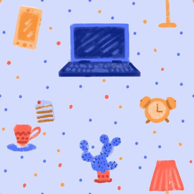 Laptop, çalar saat, lamba, bardak, kek ve kaktüs mavi arka planda kusursuz bir desen. COVID-19 tecridi sırasında evden çevrimiçi çalışıyor.