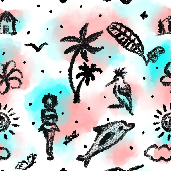 Hand Drawn Doodles Hut Palm Tree Flowers Girl Dolphon Bird — Stock Photo, Image