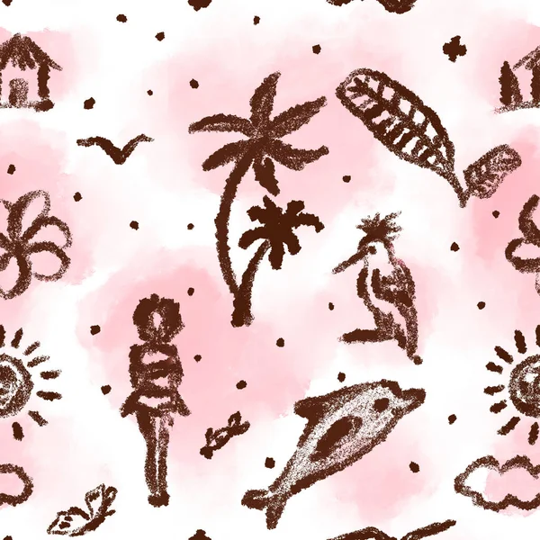Hand Drawn Seamless Pattern Tropical Lifestyle Design Hut Sun Palm — Stock Photo, Image