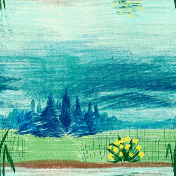 Бесшовный Узор Лесом Зеленым Лугом Прудом Голубым Небом Нарисованный Карандашами — стоковое фото