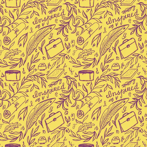 Seamless pattern for wrapping paper or writing and poetry design. Floral and writing elements and letters on yellow background.