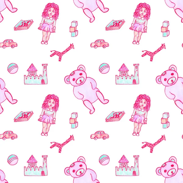 Pink Doll Teddy Bear Castle Ball Giraffe Book Seamless Pattern — Stock Photo, Image