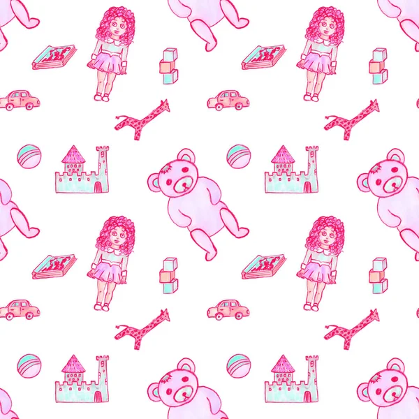 Pink doll, teddy bear, castle, ball, giraffe, book in a seamless pattern, isolated on white background