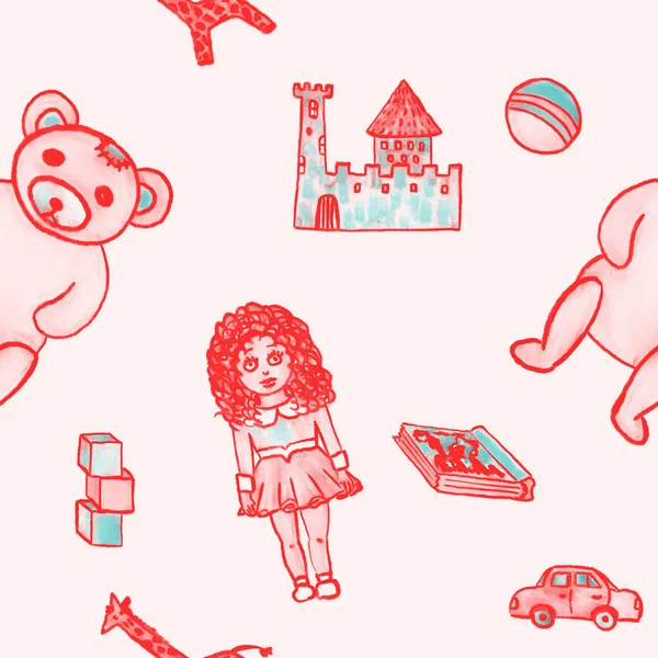 子供のデザインのためのおもちゃと手描きシームレスなパターン テディベア人形ボール城 — ストック写真