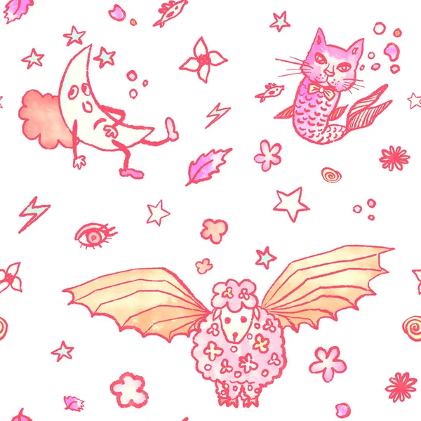 A hand drawn seamless pattern with funny fantasy creatures (cat fish, bat sheep and moon with boots)