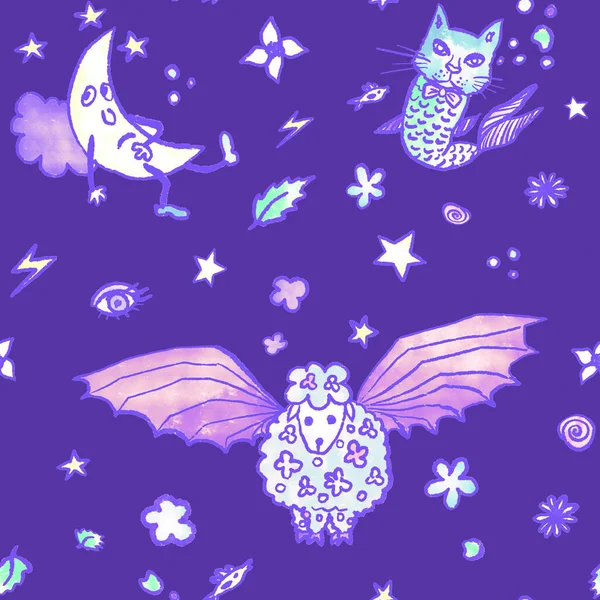 Criaturas Fantasia Azul Fundo Violeta Escuro Peixe Gato Carneiro Morcego — Fotografia de Stock