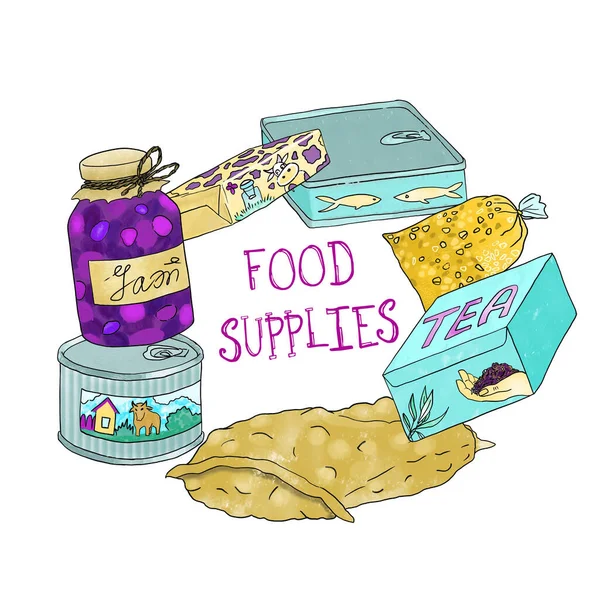 Food supplies making up a frame for your text. Jam, canned meat, sack of vegetables, tea box, corn, fish in a can, butter, hand drawn, isolated on white background.