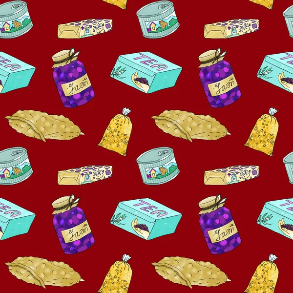 A hand drawn supply of food: meat in a can, butter, sack of vegetables, corn, tea, jam. A seamless pattern on red background.