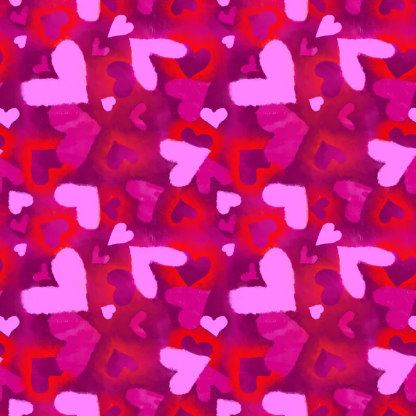 Hand Drawn Seamless Pattern Neon Red Pink Glowing Hearts — Stock Photo, Image