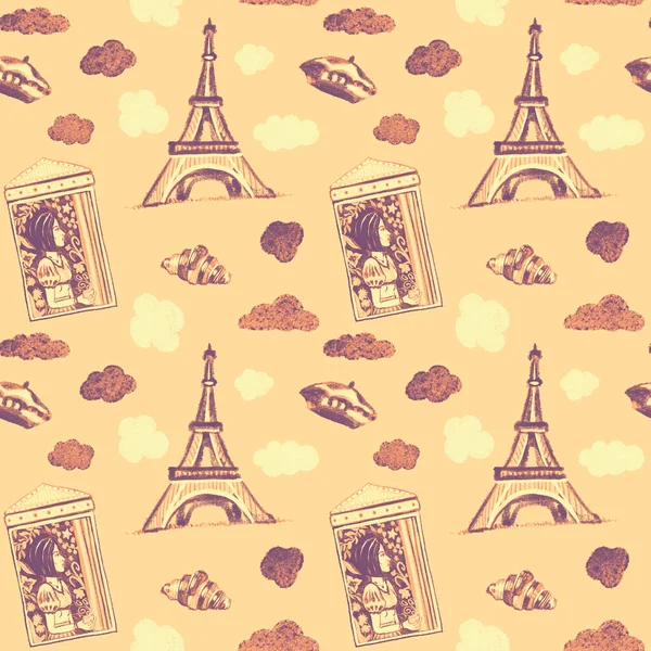 A hand drawn vintage style seamless pattern with Paris elements on pale beige background