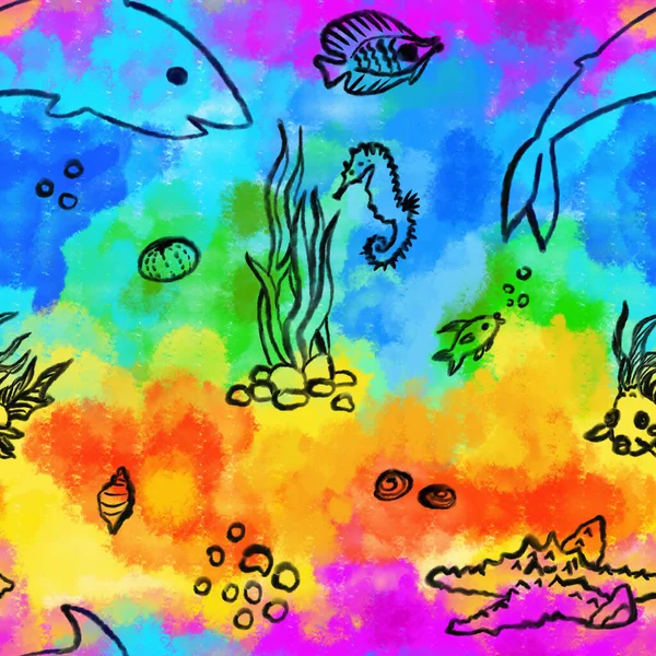 무지개 색깔을 배경으로 물갈퀴없는 무늬를 바닷말 조개껍데기 말고기 물고기 — 스톡 사진