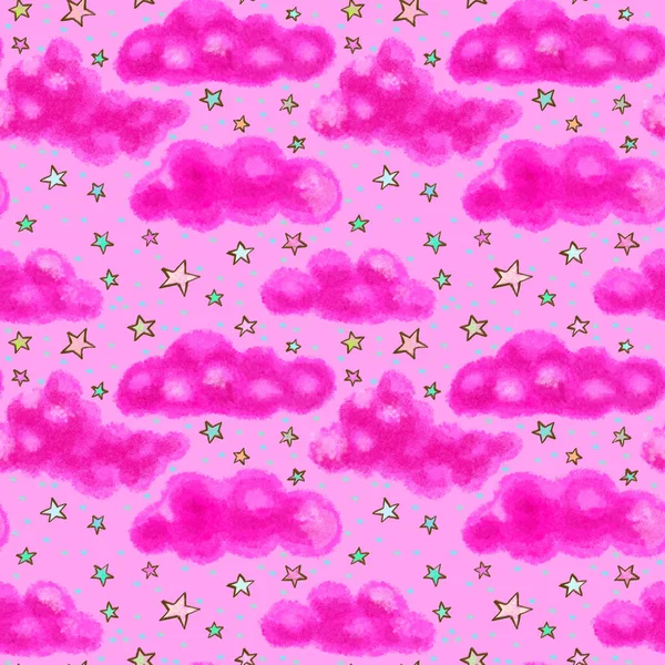 ネオンピンクの雲とカラフルな星と手描きのシームレスなパターン — ストック写真