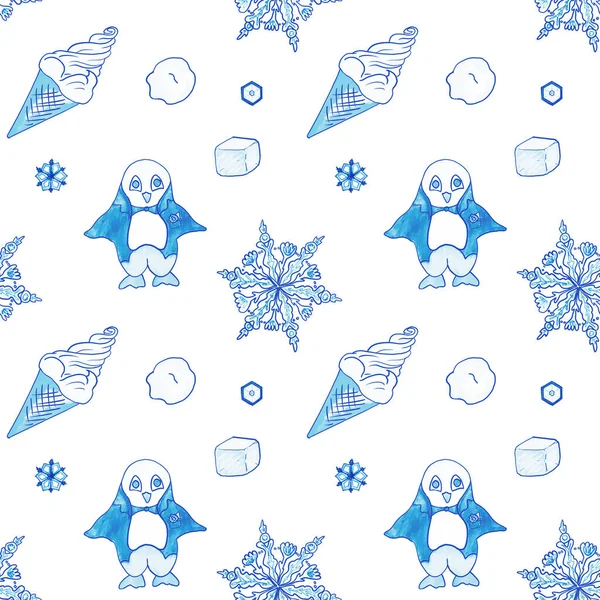 Pingüino Dibujado Mano Helado Copos Nieve Hielo Patrón Sin Costuras — Foto de Stock