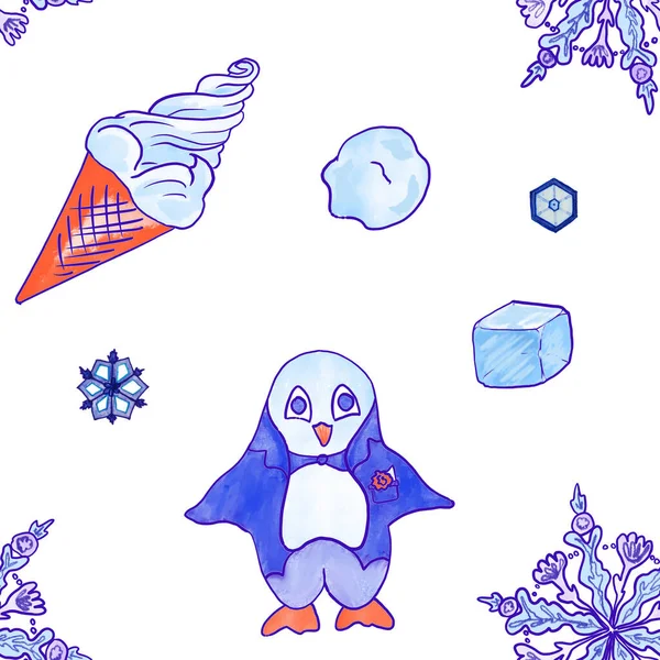 Cute Baby Penguin Ice Cream Snowflakes Ice Seamless Pattern — Stock Photo, Image