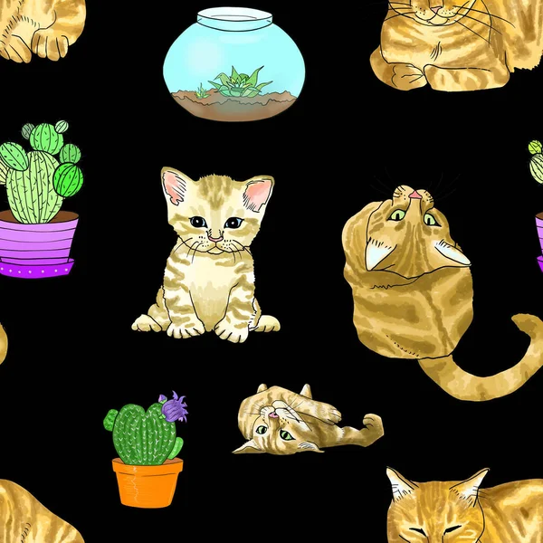 Hand drawn cats and cactus plants in a seamless pattern on black background