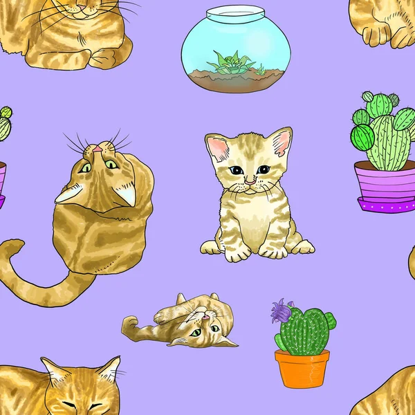 Ручной Рисунок Бесшовный Милыми Кошками Кактусами Фиолетовом Фоне — стоковое фото