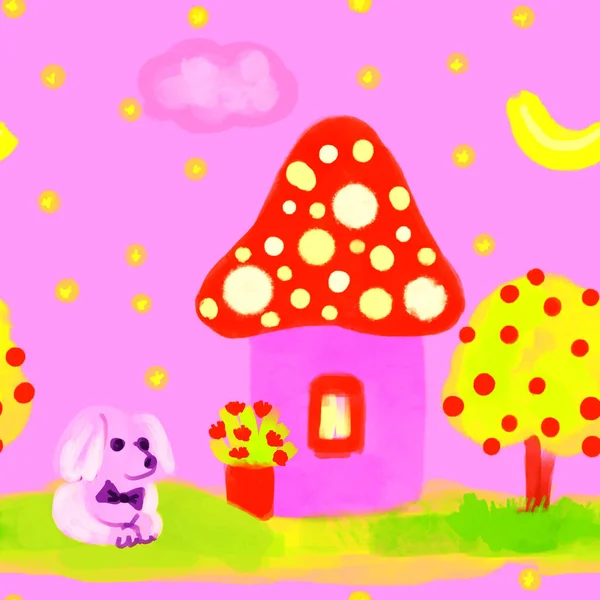 Cute mushroom cottage, dog and garden in a seamless pattern on pink background