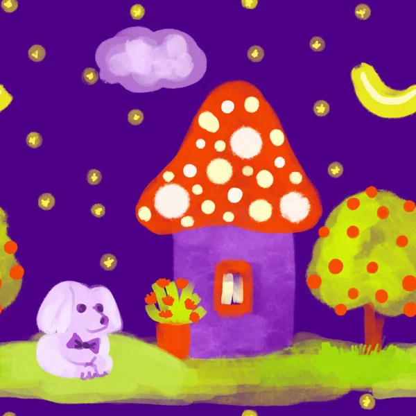 A cute cottage with mushroom roof, white dog, garden and starlit sky with moon in a seamless pattern on dark violet background