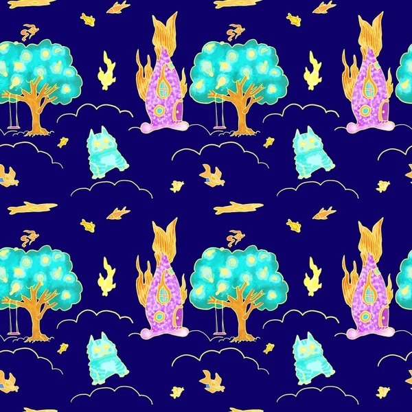 Świecący Dom Dla Kotów Drzew Ryb Ciemnoniebieskim Tle Bezszwowym Wzorze — Zdjęcie stockowe