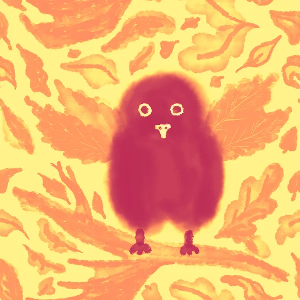 Cute Pink Red Owl Yellow Orange Background Baby Owl Dense — Stock Photo, Image