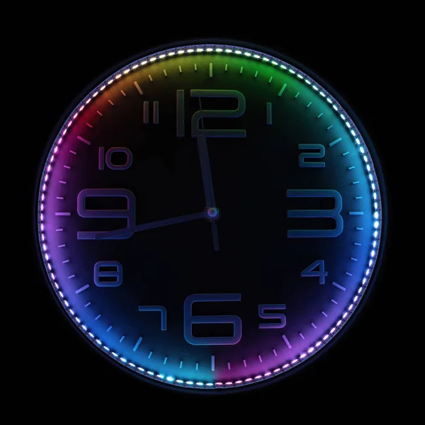 Colorful pointer clock illuminated with colorful LED — Stock Photo, Image