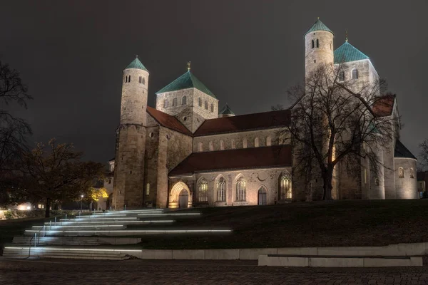 Büyük bir çayırın ve ağaçların ortasında geceleyin bir katedral.