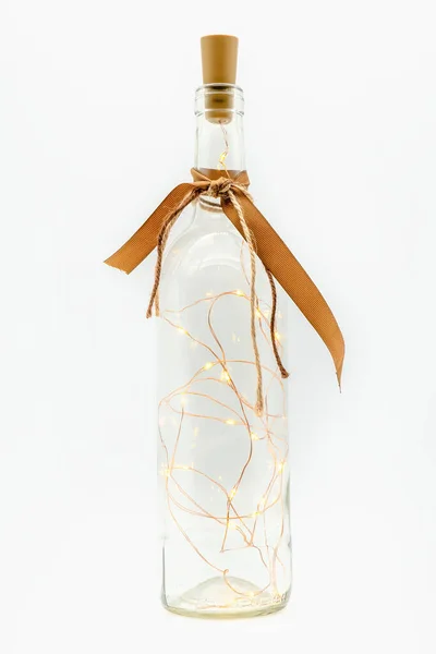 Glass Bottle Filled Led String Lights Bow Bottle Neck — Stock Photo, Image