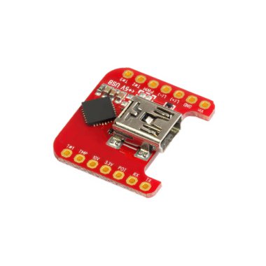 Red universal USB to TTL PCB board surface mount components in a close-up side view clipart