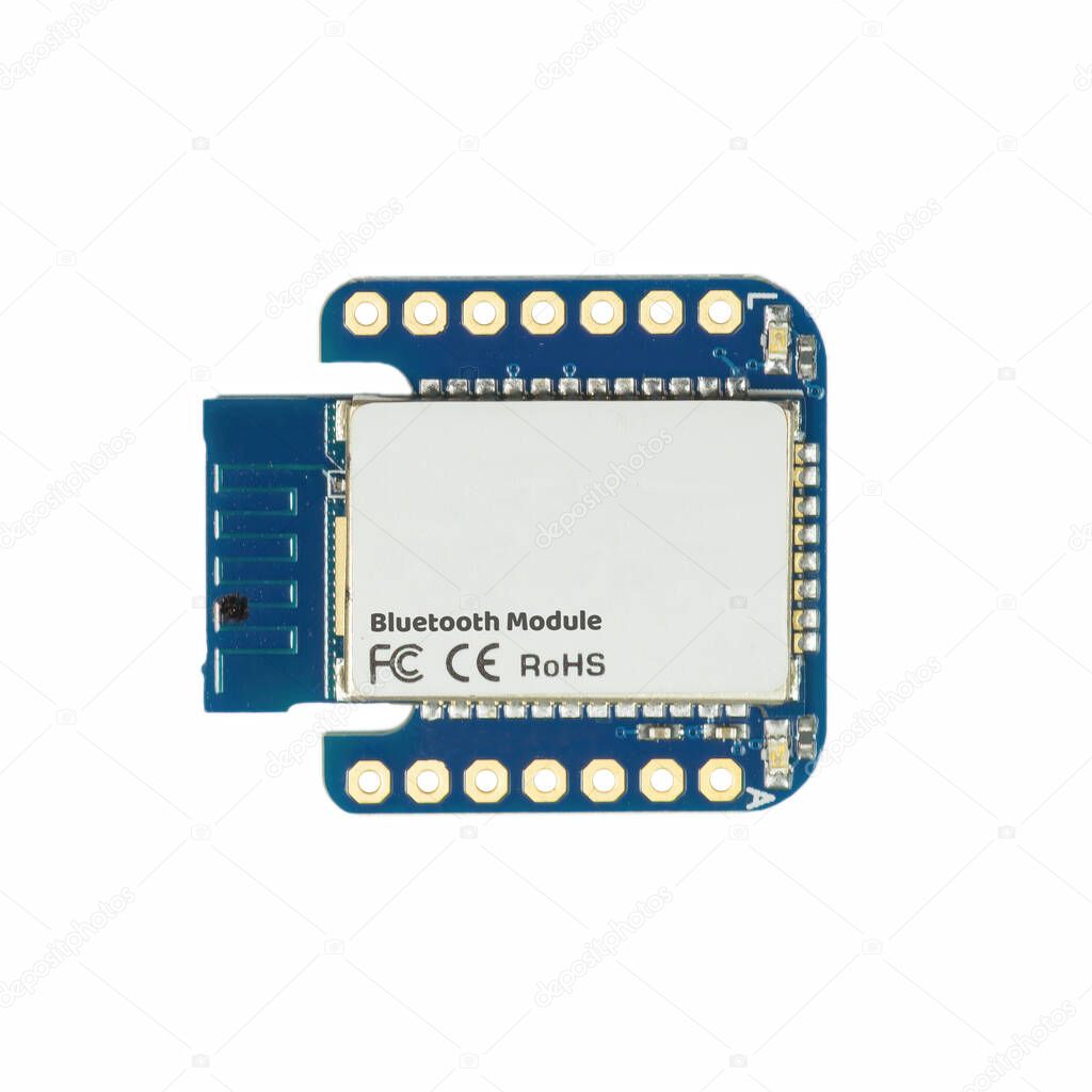 Blue Blue-tooth printed circuit board Module in a close-up view