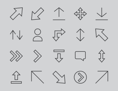 Satır okları, yönler, oklar, duraklama, devam, doğrudan sağa, düzenlenebilir vuruş gibi simgeler içerir. 480x480, Beyaz arkaplanda, Vektör illüstrasyonu.