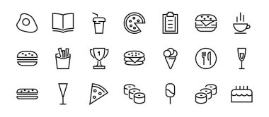 Vektör çizgisi ile ilgili basit bir fast food ikonu seti. Pizza, burger, suşi, bisiklet, çırpılmış yumurta ve daha fazlası gibi ikonlar içerir. Edilebilir felç. 480x480 piksel mükemmel, EPS 10