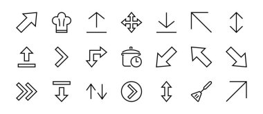 Satır okları, yönler, oklar, duraklama, devam, doğrudan sağa, düzenlenebilir vuruş gibi simgeler içerir. 480x480, Beyaz arkaplanda, Vektör illüstrasyonu