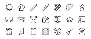 Basit bir okul eşyası seti. Öğrenci, ödül, coğrafya, beden eğitimi, geometri ve daha fazlası gibi ikonlar içerir. Beyaz arka planda. Düzenlenebilir felç. 480x480