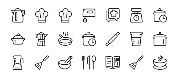 Set van pictogrammen voor koken en keuken, vector lijnen, bevat pictogrammen zoals een mes, steelpan, kooktijd, mixer, schalen, receptenboek. Aanpasbare slag, perfecte 480x480 pixels, witte achtergrond. — Stockvector