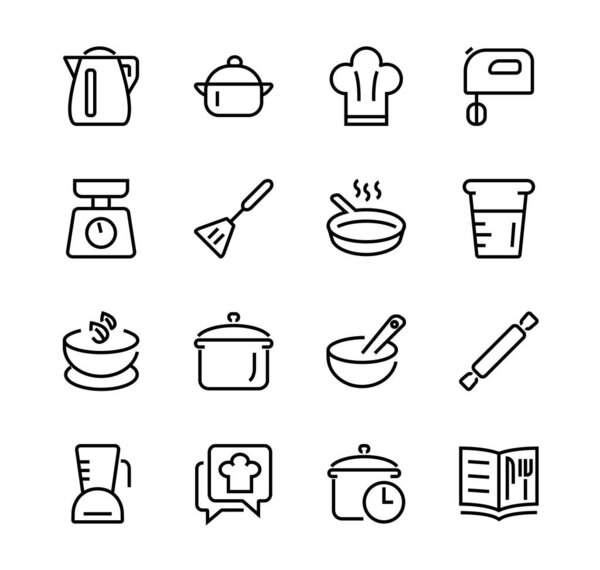 Набор икон для приготовления пищи и кухни, векторные линии, содержит иконы, такие как нож, кастрюля, время кипения, миксер, весы, рецепт книги. Штрих к столу, идеальное разрешение 480х480 точек, белый фон