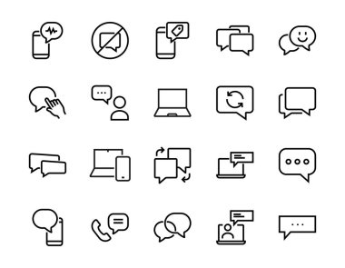 Mesaj çizgisi vektör çizgisi simgelerinin basit bir kümesi. Sohbet, SMS, bildirimler, grup sohbeti ve daha fazlası gibi simgeler içerir. Düzenlenebilir felç. 48x48 piksel mükemmel, beyaz arkaplan