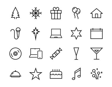 Vektör çizgisi ile ilgili basit kutlama simgeleri kümesi. Müzik, yeni yıl, yıldızlar, balolar, pasta, karaoke, DJ gibi ikonlar içerir. Düzenlenebilir felç. 480x480