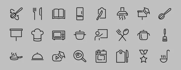 Set Cooking Kitchen Icons Vector Lines Contains Icons Frying Pan — Stock Vector