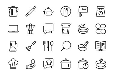 Mutfak ve yemek pişirme ikonları, vektör çizgileri, bıçak, tencere, kaynama zamanı, mikser, tartı, yemek tarifi kitabı gibi ikonlar içerir. Düzenlenebilir vuruş, mükemmel 480x480 piksel, beyaz arkaplan.