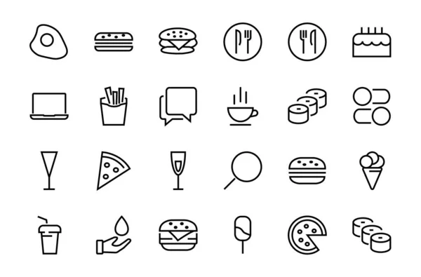 Vektör çizgisi ile ilgili basit bir fast food ikonu seti. Pizza, burger, suşi, bisiklet, çırpılmış yumurta ve daha fazlası gibi ikonlar içerir. Edilebilir felç. 480x480 piksel mükemmel, EPS 10.