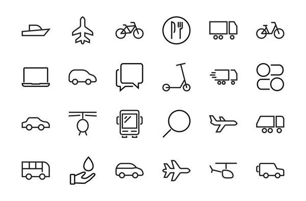 Набор значков векторных линий общественного транспорта. Содержит такие товары, как автобус, велосипед, чемодан, автомобиль, скутер, грузовик, транспорт, автобус-тролли, парусник, моторная лодка, самолет и многое другое. Штрих к таблице