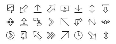 Satır okları, yönler, oklar, duraklama, devam, doğrudan sağa, düzenlenebilir vuruş gibi simgeler içerir. 480x480, Beyaz arkaplanda, Vektör illüstrasyonu