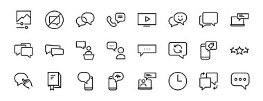 Mesaj çizgisi vektör çizgisi simgelerinin basit bir kümesi. Sohbet, SMS, bildirimler, grup sohbeti ve daha fazlası gibi simgeler içerir. Düzenlenebilir felç. 48x48 piksel mükemmel, beyaz arkaplan