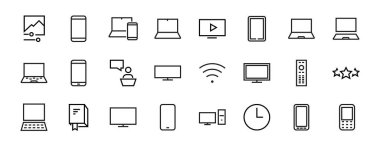  Akıllı cihazlar, cihazlar, bilgisayar donanımı ve elektronik aletler. Ağ ve mobil vektör çizgileri için elektronik aygıt simgeleri. Düzenlenebilir felç. 480x480 piksel