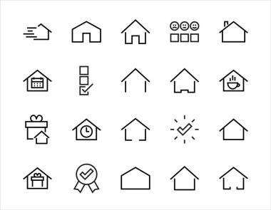 Basit renk düzenlenebilir ev simgesi şablonları. Grafik ve web tasarımı için beyaz arkaplan üzerine izole edilmiş bu tür simgeler, ev takvimi, kahve dükkanı ve diğer vektör işaretleri içerir.